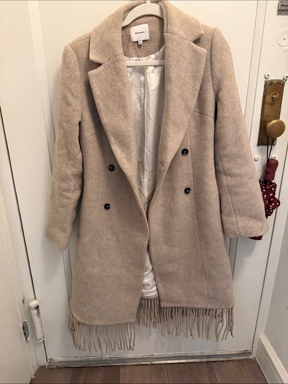 Reformation Beige Double-Breasted Fringe-Hem Trench Coat